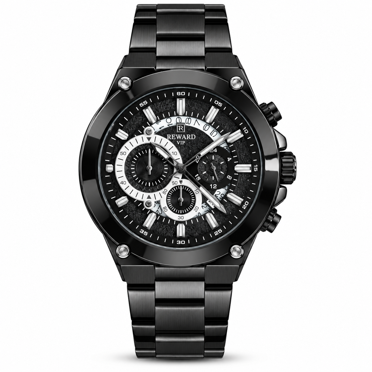REWARD VIP All Black Men's Watch – Multi-Dial Design & Black Metal Bracelet