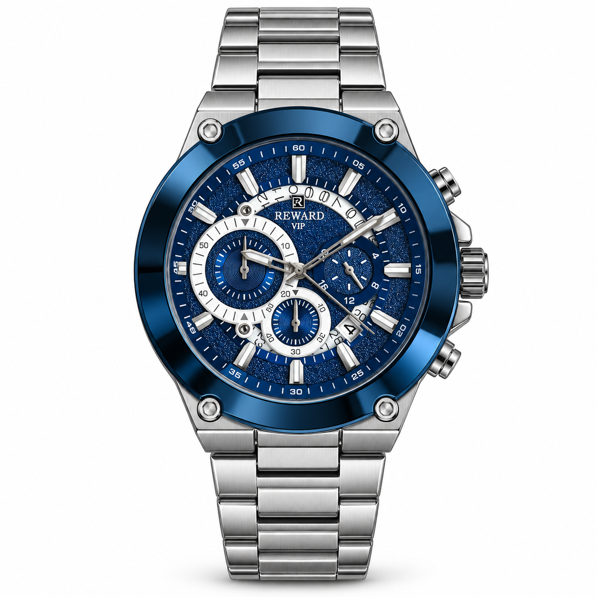 REWARD VIP Blue Dial Men's Watch – Blue Bezel & Silver Metal Bracelet