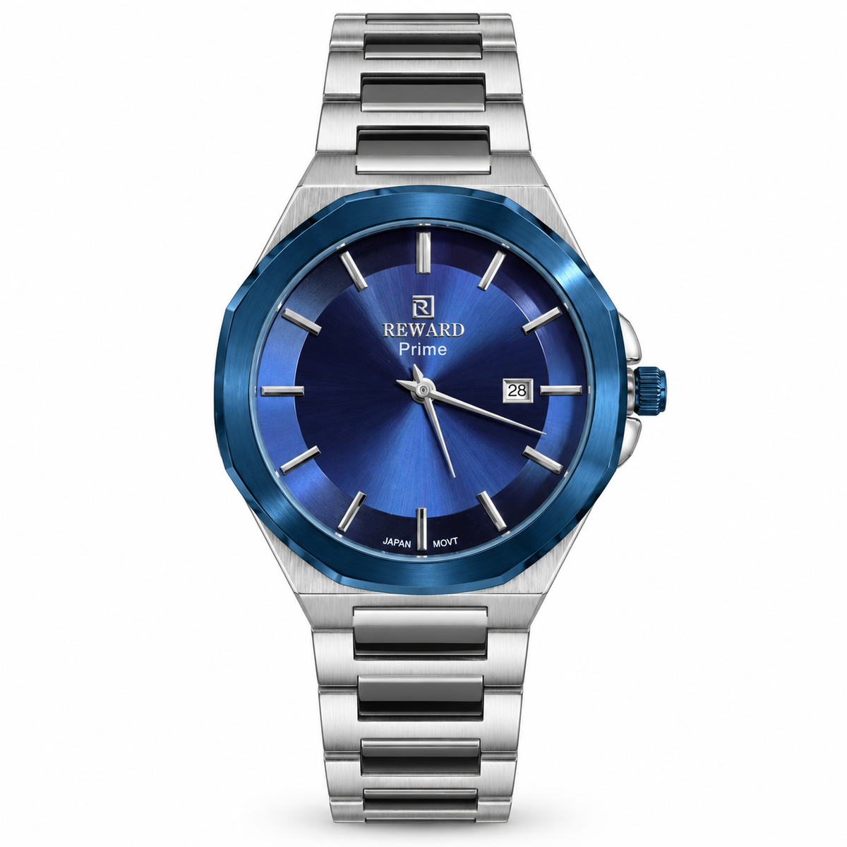REWARD Prime Blue Dial Men's Watch – Metallic Blue Bezel &amp; Silver Metal Bracelet