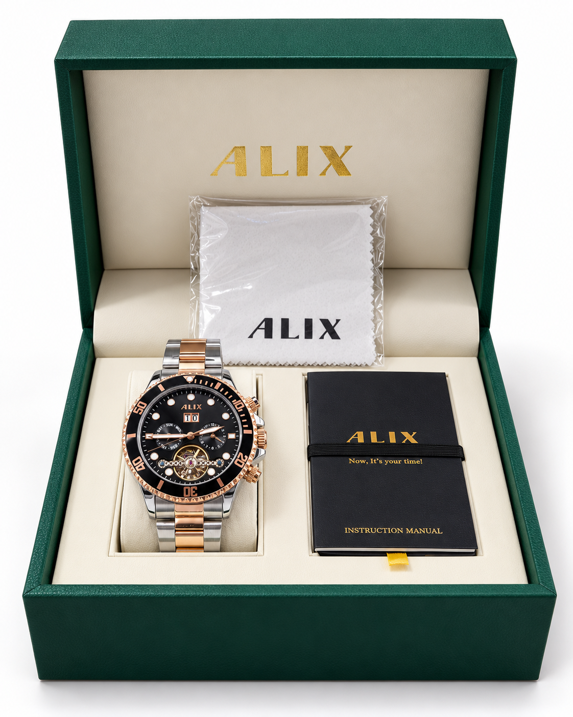 ALIX Black Dial Silver &amp; Rose Gold Men's Automatic-Style Watch – With Original ALIX Box