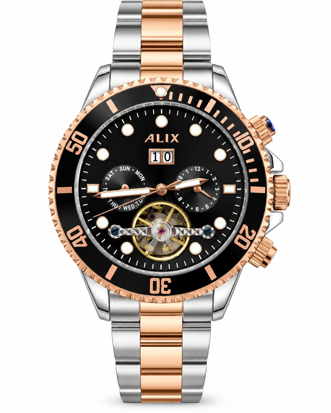 ALIX Black Dial Silver &amp; Rose Gold Men's Automatic-Style Watch – With Original ALIX Box