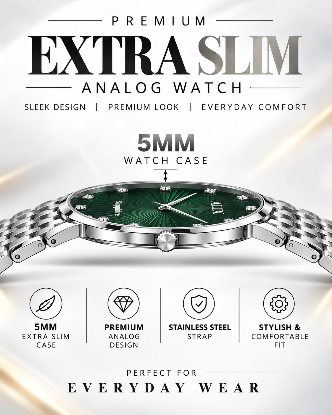 ALIX Extra Slim Green Dial Silver Men's Analog Watch – 5mm Thin Case