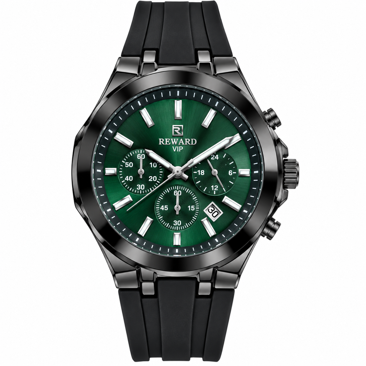 REWARD VIP Green Dial Black Chronograph Men's Watch – Black Rubber Strap
