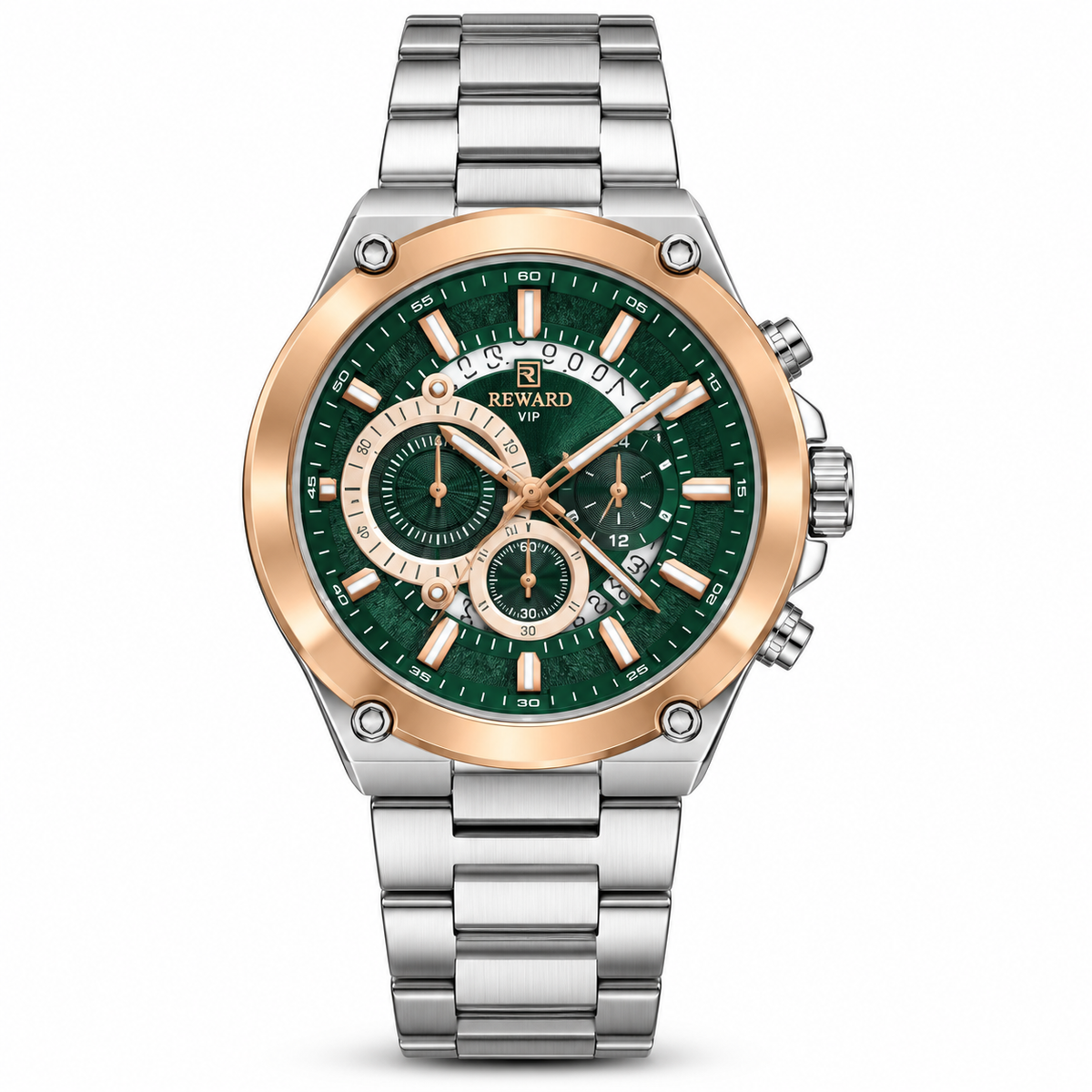 REWARD Green Dial Rose Gold & Silver Men's Watch – Multi-Dial Design