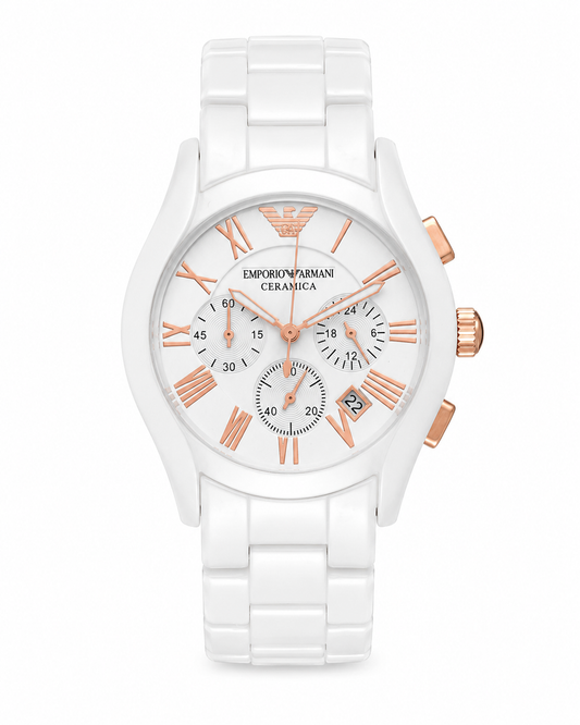 Emporio Armani Ceramica White Ceramic Chronograph Watch – Rose Gold Dial | Premium Luxury Men's Watch