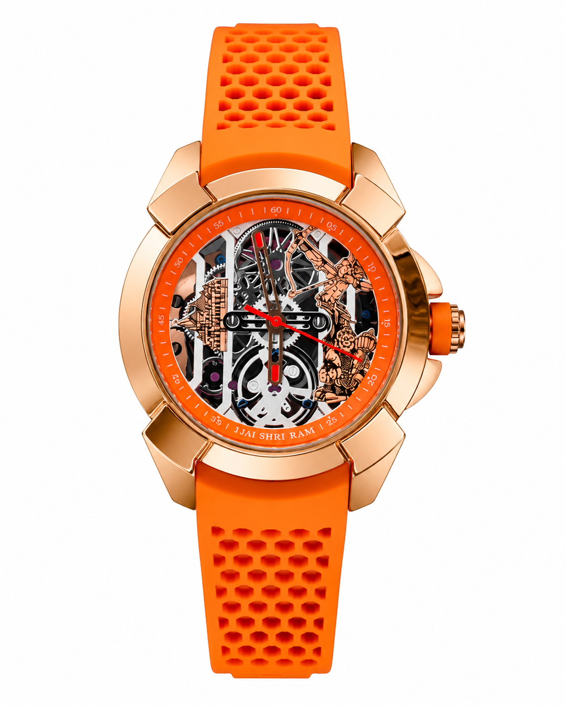 Luxury Ram Mandir Inspired Skeleton Watch – Rose Gold & Orange Edition
