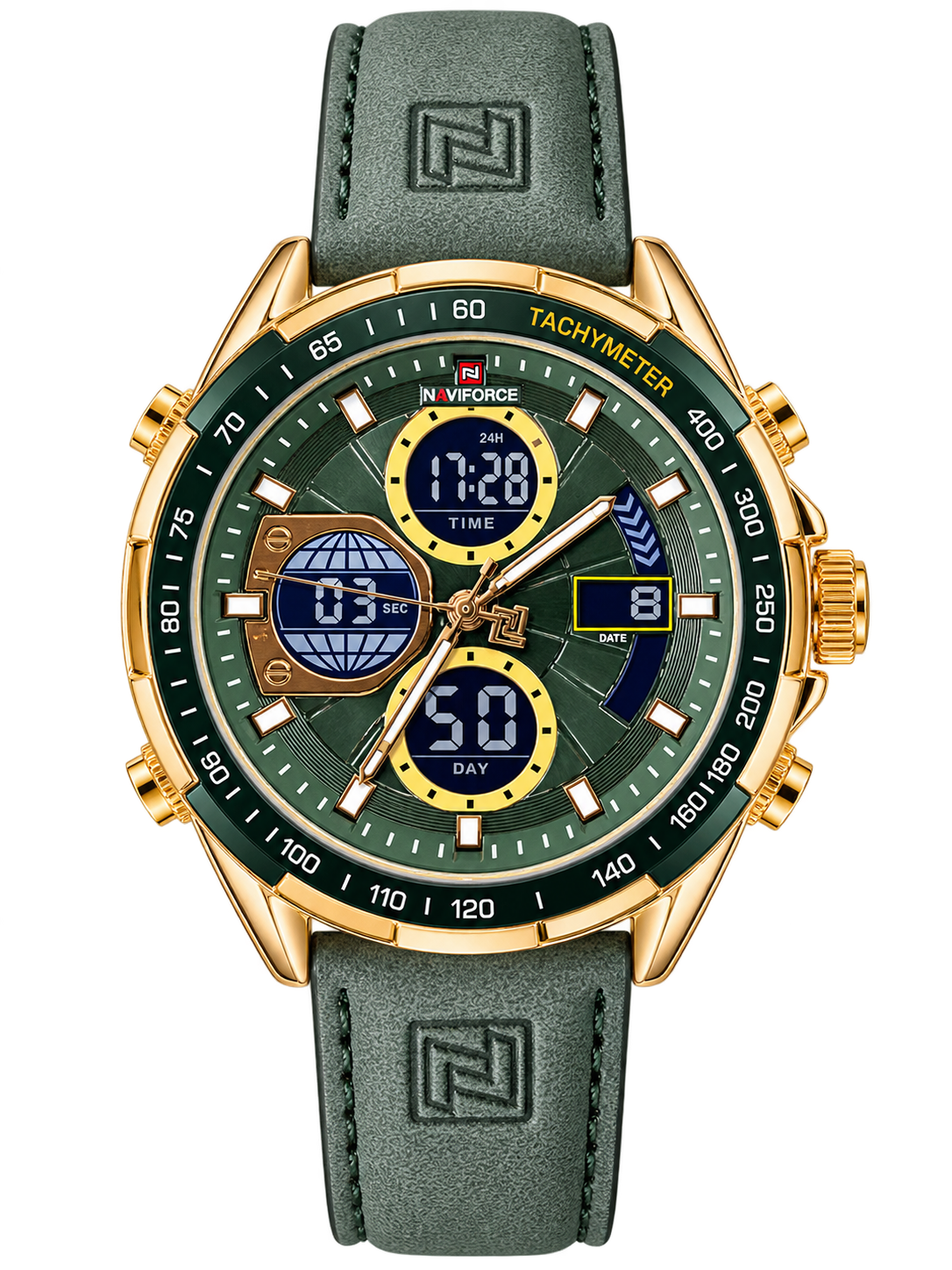 NAVIFORCE Men’s Analog Digital Green Dial Watch – Rose Gold Case