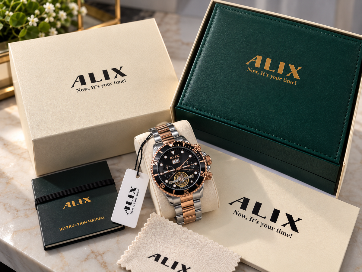 ALIX Black Dial Silver &amp; Rose Gold Men's Automatic-Style Watch – With Original ALIX Box