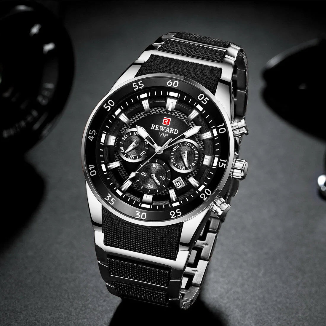 REWARD RD108 SB Silver & Black Chronograph Men's Watch