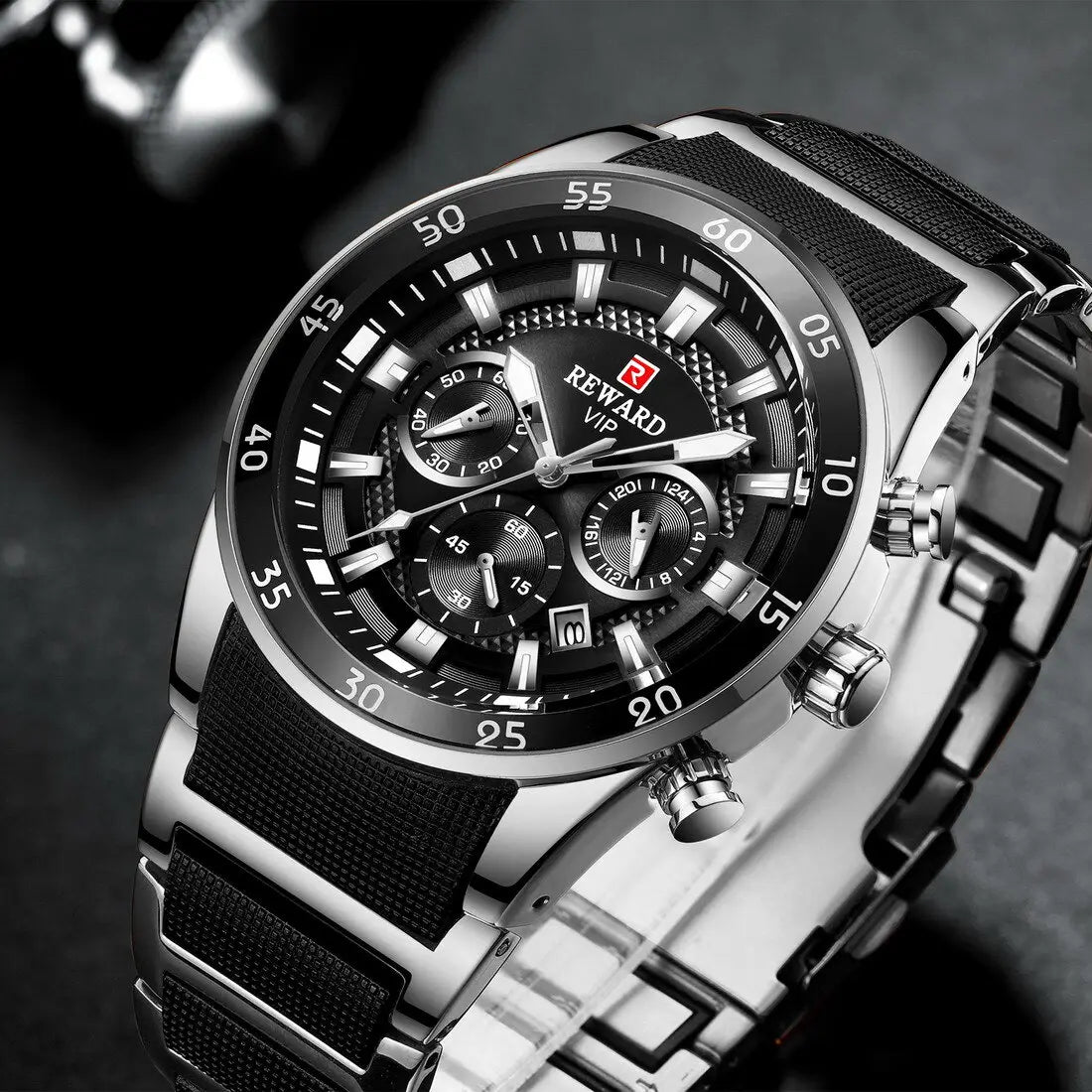 REWARD RD108 SB Silver & Black Chronograph Men's Watch