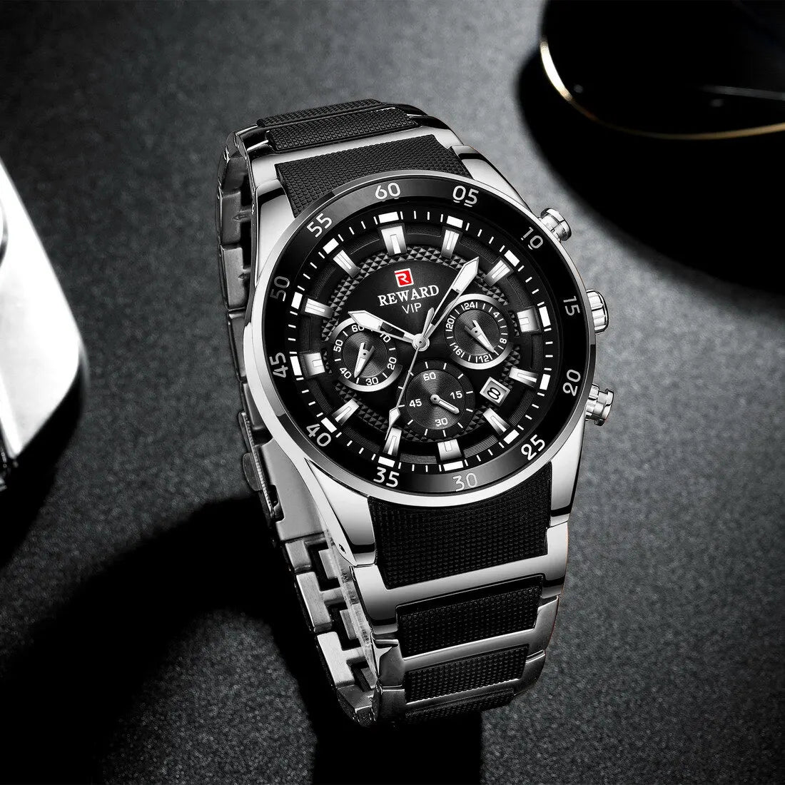 REWARD RD108 SB Silver & Black Chronograph Men's Watch