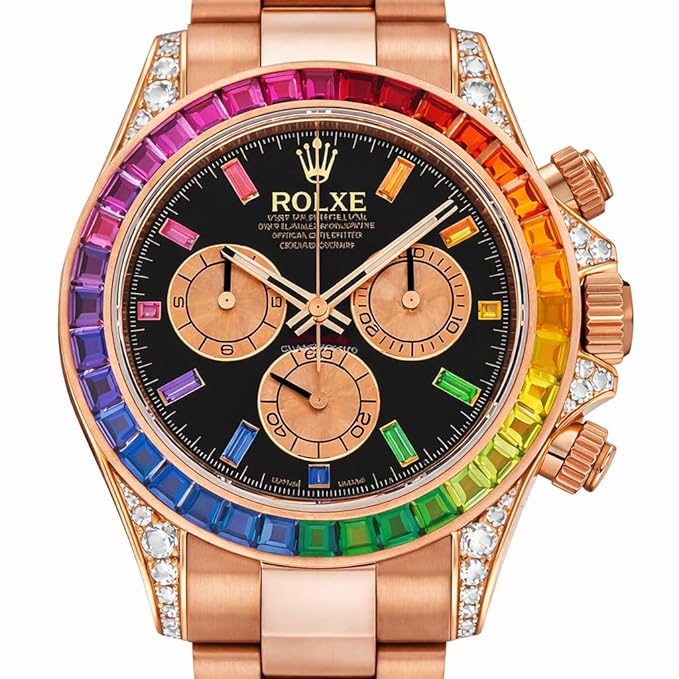 ROLXE Chronograph Watch, Rose Gold, Rainbow Gemstone Bezel, Black Dial, Diamond Accents
