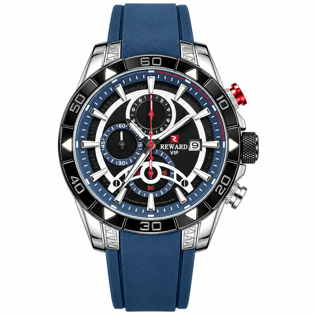 REWARD VIP Blue &amp; Black Chronograph Men's Watch – Silver Case &amp; Blue Strap