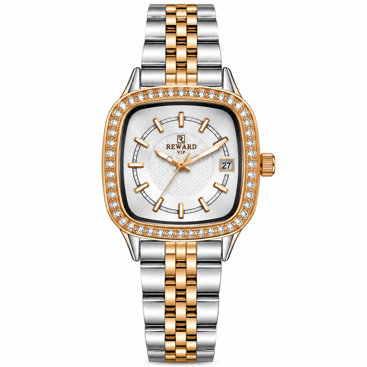REWARD VIP Silver & Gold Square Dial Women's Watch – Crystal-Style Bezel & Two-Tone Bracelet