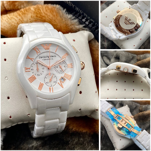Emporio Armani Ceramica White Ceramic Chronograph Watch – Rose Gold Dial | Premium Luxury Men's Watch