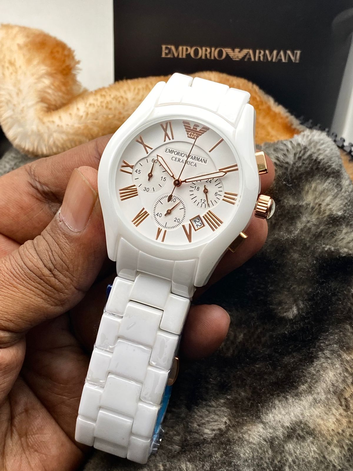 Emporio Armani Ceramica White Ceramic Chronograph Watch – Rose Gold Dial | Premium Luxury Men's Watch