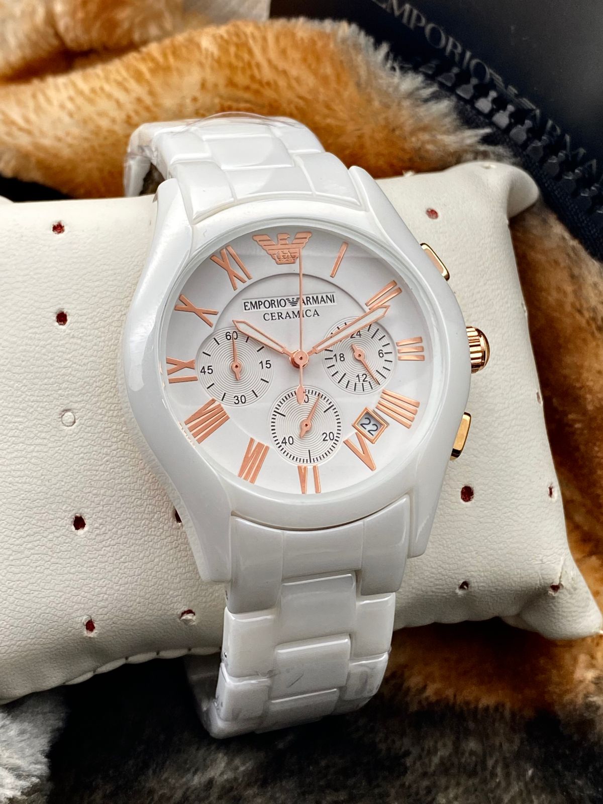 Emporio Armani Ceramica White Ceramic Chronograph Watch – Rose Gold Dial | Premium Luxury Men's Watch