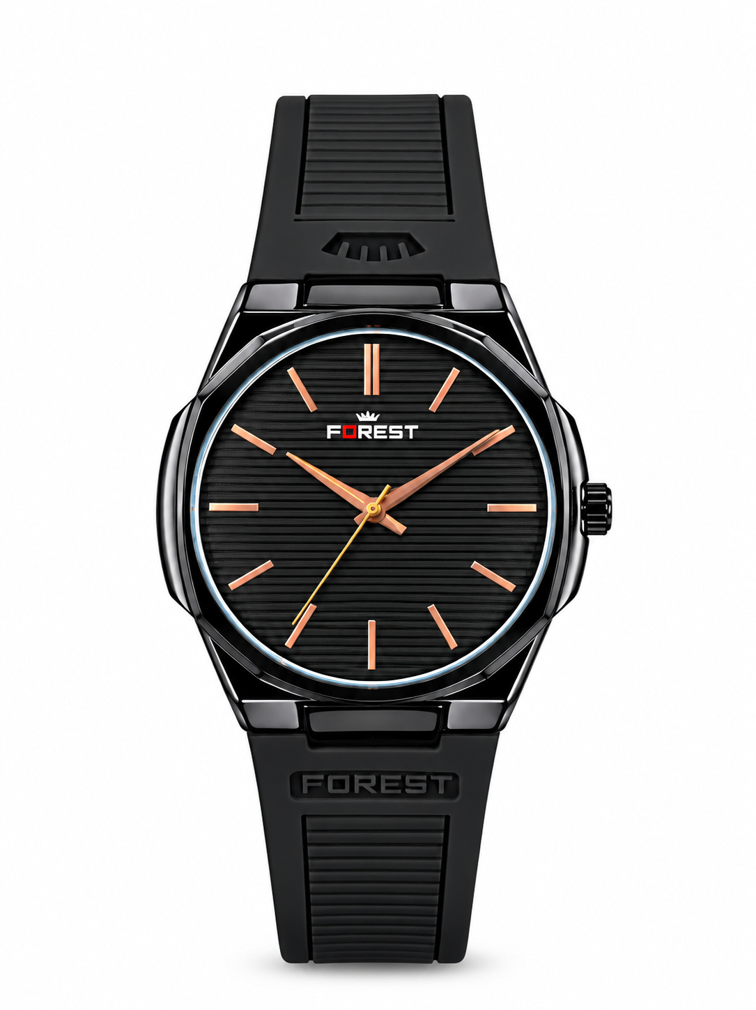 FOREST Slim Black Dial Analog Watch for Men with Black Rubber Strap