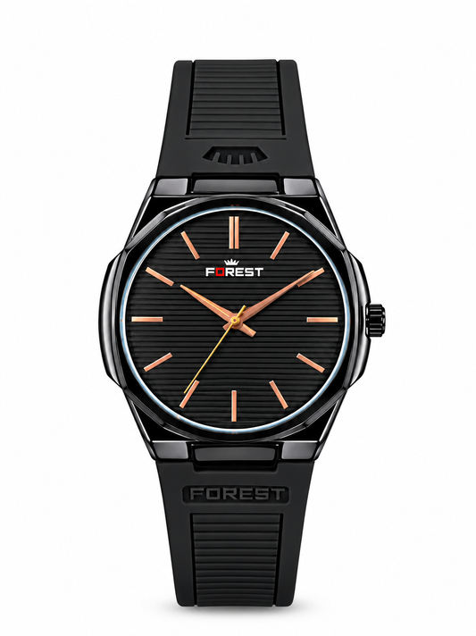FOREST Slim Black Dial Analog Watch for Men with Black Rubber Strap