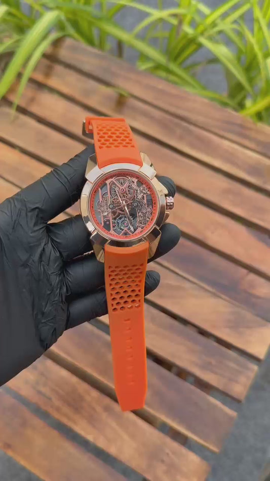 Luxury Ram Mandir Inspired Skeleton Watch – Rose Gold & Orange Edition