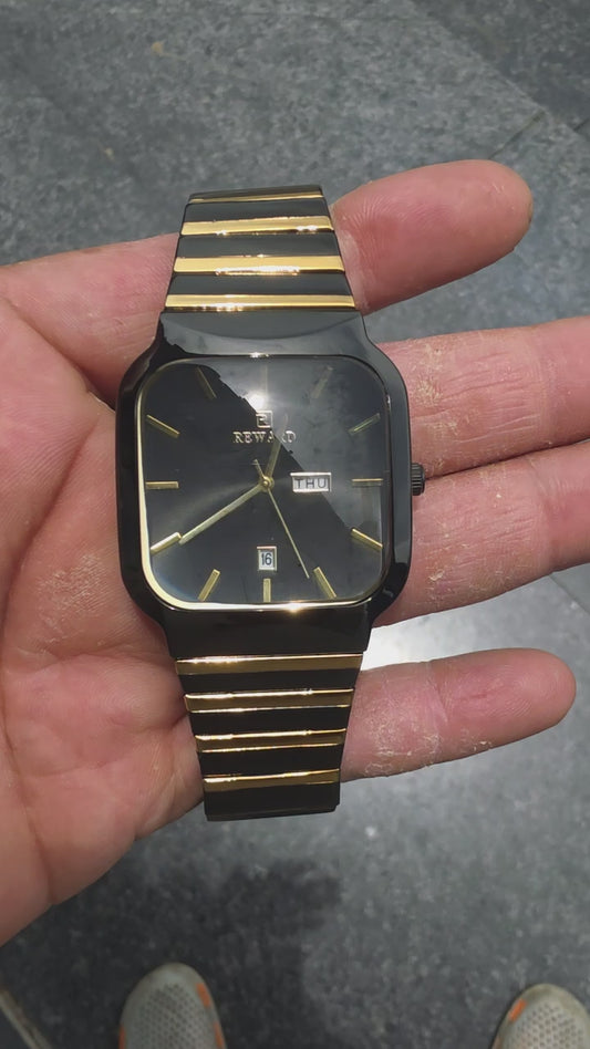 REWARD RD101G GB Black Gold Square Dial Men's Watch | Premium Stainless Steel Fashion Watch
