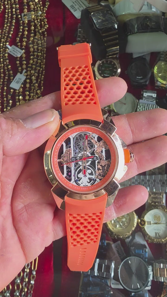 Luxury Ram Mandir Inspired Skeleton Watch – Rose Gold & Orange Edition