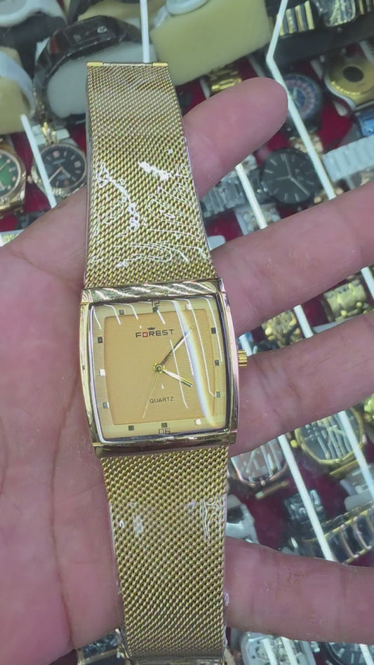 Forest Luxury Gold-Tone Dial Wrist Watches Pattern Band, Quartz Movement for Men