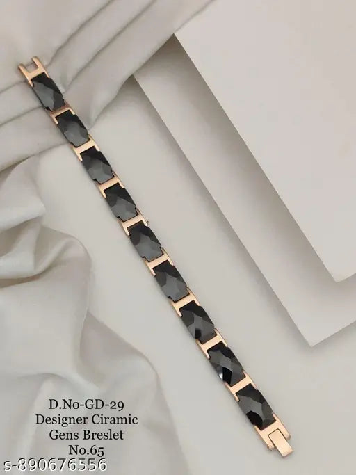 Designer Black Ceramic Link Bracelet for Men (Rose Gold Finish)