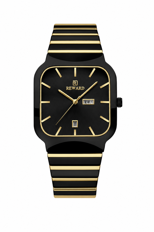 REWARD RD101G GB Black Gold Square Dial Men's Watch | Premium Stainless Steel Fashion Watch