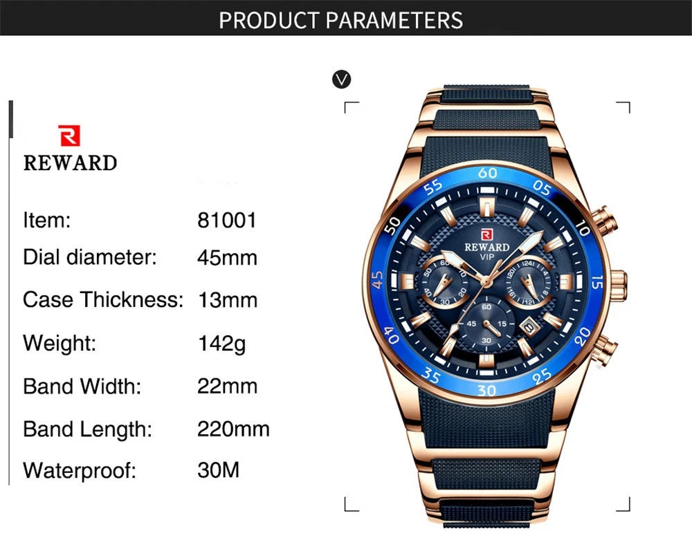 REWARD Men Quartz Watch Multifunction Wristwatch with Date Business Male Watch vip