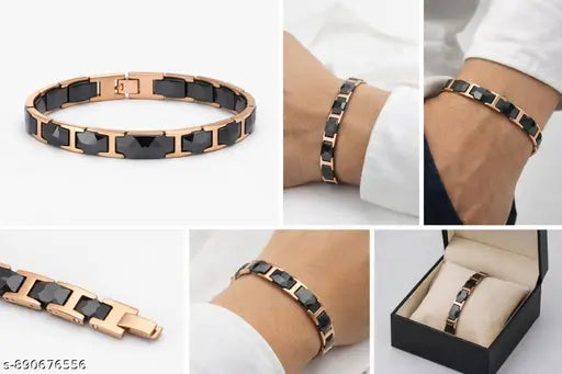 Designer Black Ceramic Link Bracelet for Men (Rose Gold Finish)